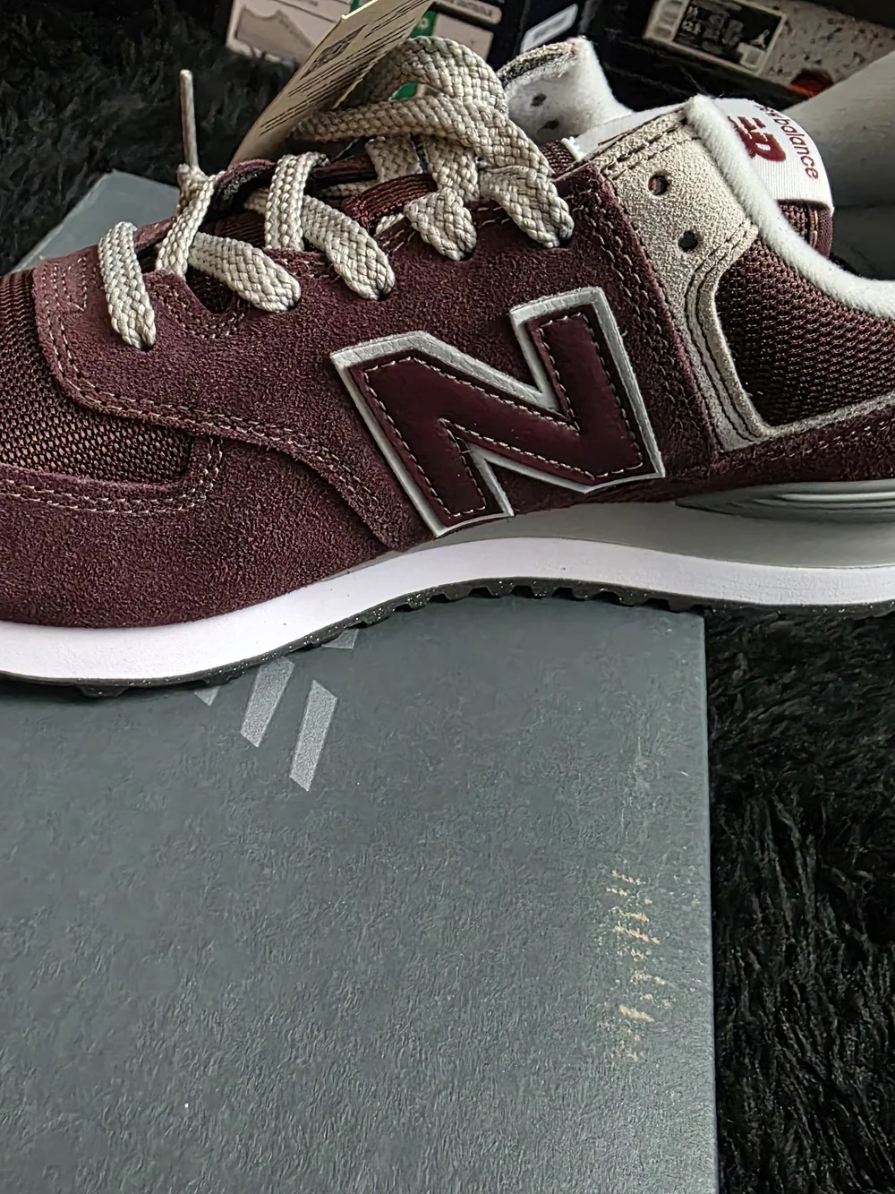 New Balance Burgundy & White Suede Sneaker (Rear View)